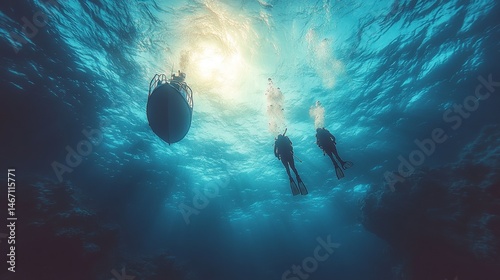Underwater view of two scuba divers ascending towards a boat silhouetted against bright sunlight.