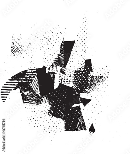 Abstract geometric shapes interlock and overlap in a textured monochromatic composition.