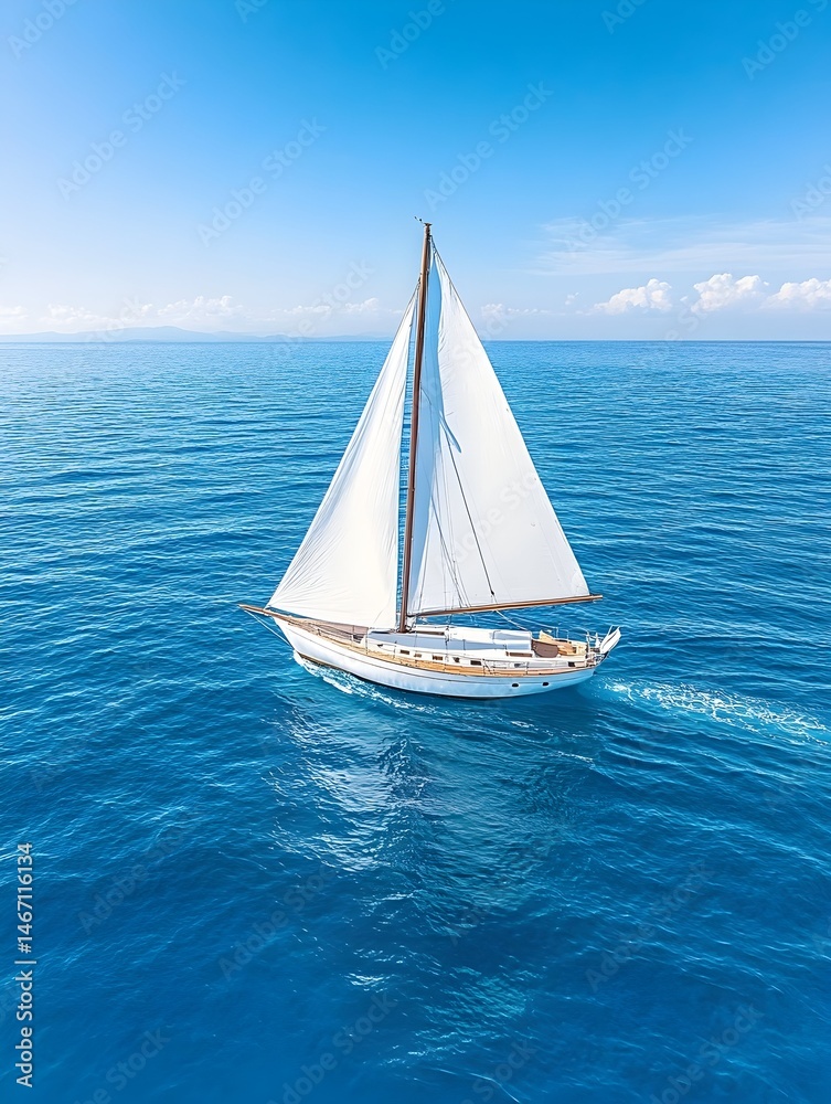 Obraz premium A sailboat glides across a tranquil, azure ocean under a brilliant blue sky