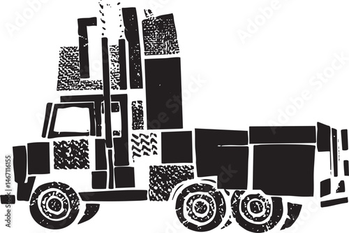 A stylized black truck dominates the with geometric shapes.