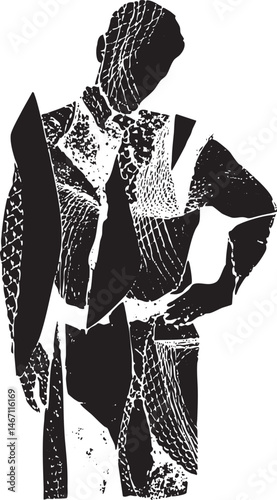 A solitary figure stands in a formal suit partially fragmented with textured lines.