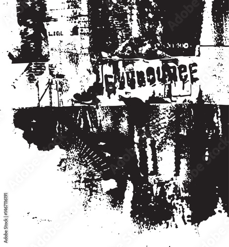 Fragmented black and white reveals distressed and chaotic textures.