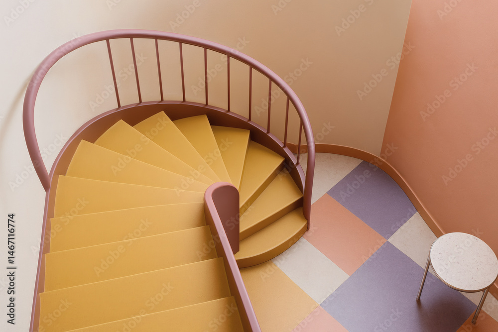 Fototapeta premium Top-Down View of Curved Postmodern Staircase with Colorful Terrazzo Floor