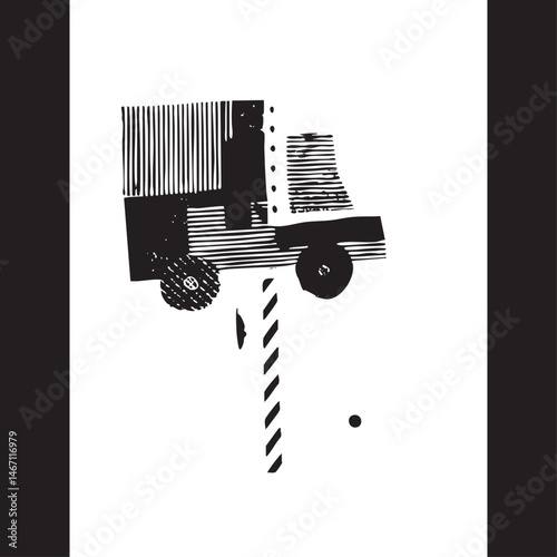 A stark black and white abstract composition features intersecting geometric shapes and a small dark dot.