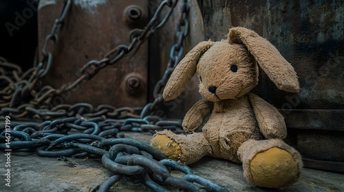 Abandoned stuffed bunny, heavy chains