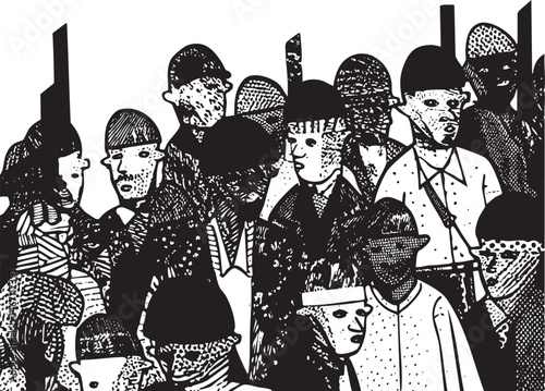 A diverse crowd of people stands together in a city street.