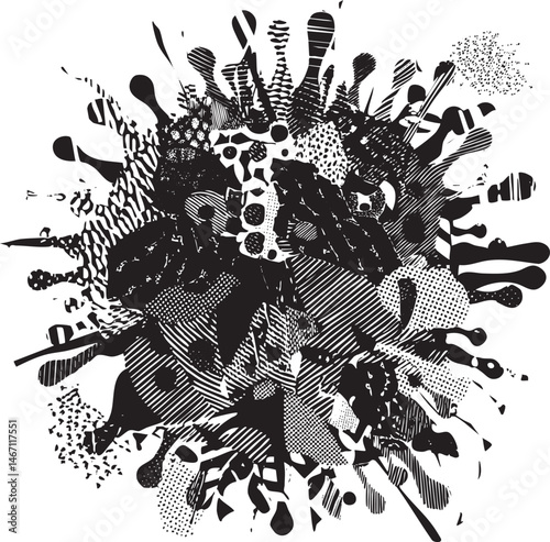 A dense arrangement of overlapping black and white splatters creates a textured chaotic composition.