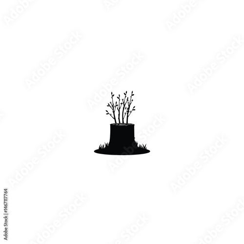 Tree Stump with New Growth silhouette on white background