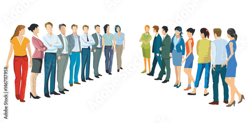 Zwei Gruppen von Personen stehen sich gegenüber, Illustration isoliert