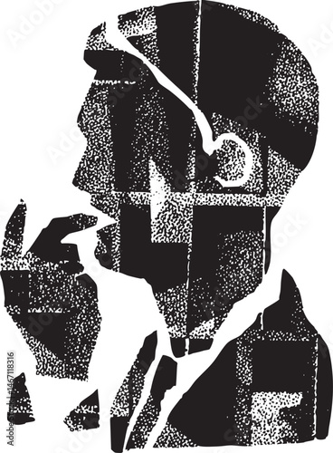 A black and white silhouette of a man in formal attire contemplates a circular object.