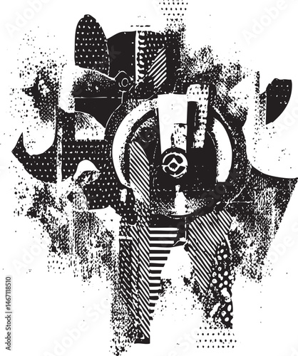 Abstract geometric shapes overlap and blend in a textured monochrome composition.