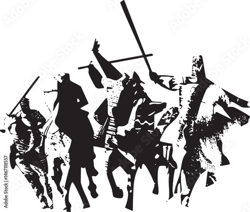 Silhouetted riders charge forward on horseback across a field.