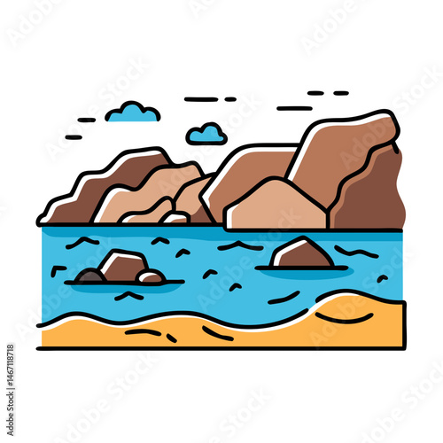 Beach landscape vector illustration with rocks sea and clouds scenic coastline design for travel