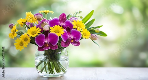 Colorful Home Flower Display with Yellow Daisies and Purple Orchids in Clear Vase.