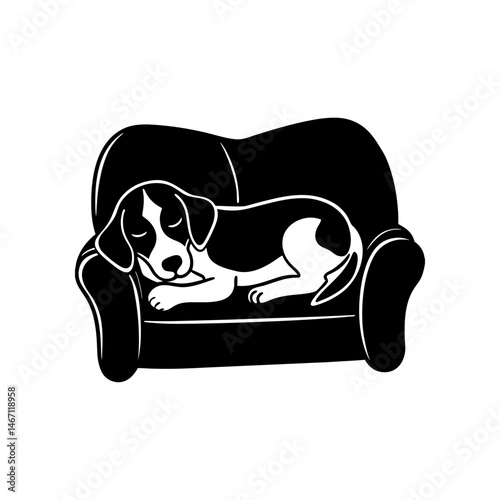 a sleepy beagle cuddled up with a baby on a couch  