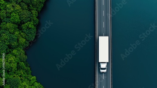 A white truck drives on a bridge over water, with dense green forest on one side, captured from above.