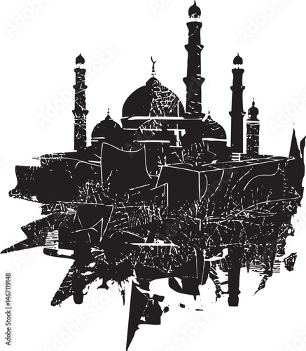A stark silhouette of a mosque rises above intricate architectural details.