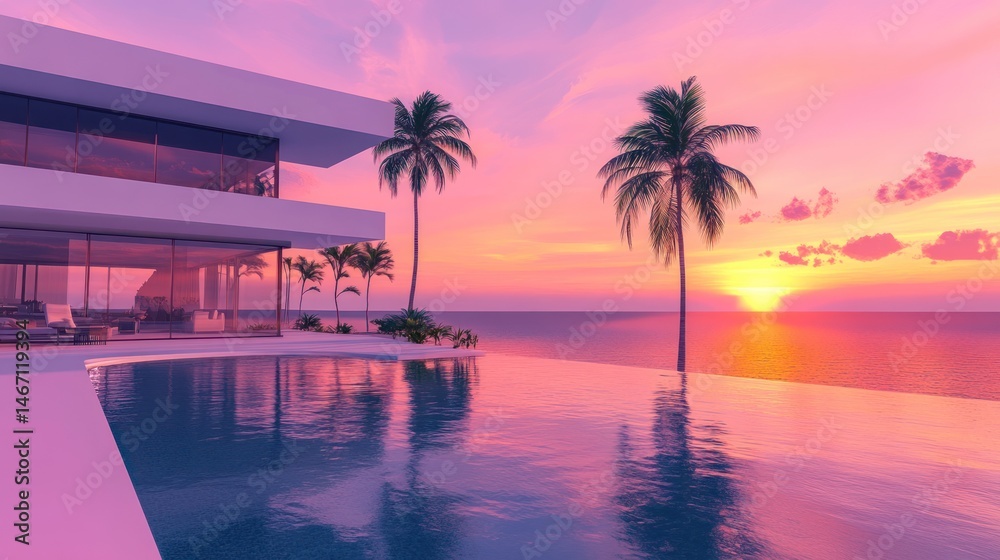 Fototapeta premium Modern luxury house with infinity pool at sunset.
