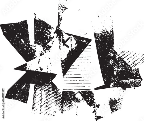 Fragmented abstract shapes overlap and blend on a white background.