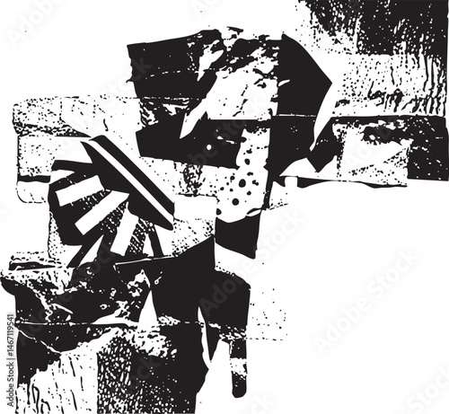 A fragmented abstract geometric form dominates the with sharp angles and contrasting planes.