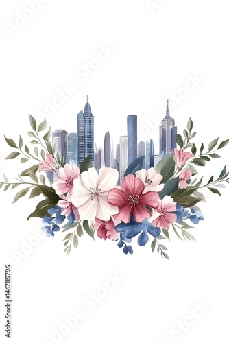 Cityscape nestled within a vibrant floral arrangement