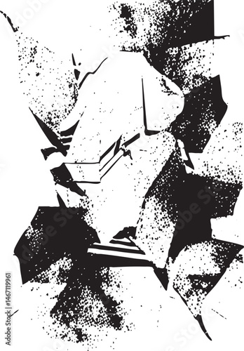 Abstract black and white forms converge towards the upper right corner.