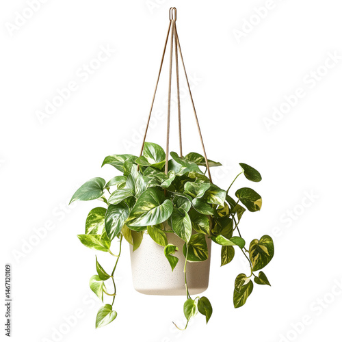 hanging Pothos Epipremnum aureum n ceramic pot side view, on isolated Background
