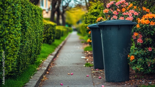 Neighborhood alleyway with garbage cans and spring flowers. Possible use Stock photo for environmental themes, sustainability