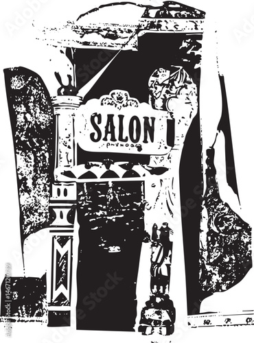 A solitary figure stands before a stylized salon sign suggesting an intimate gathering.