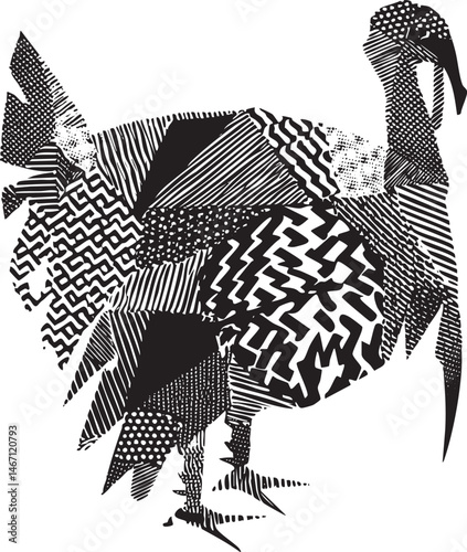A stylized black and white turkey showcases intricate and bold lines.
