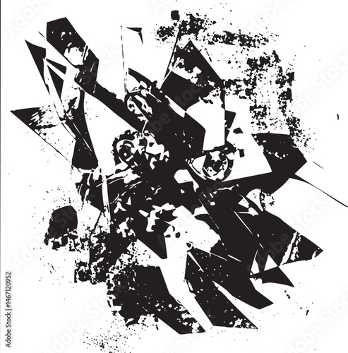 A fragmented abstract depiction of a solitary figure amidst shattered geometric shapes.