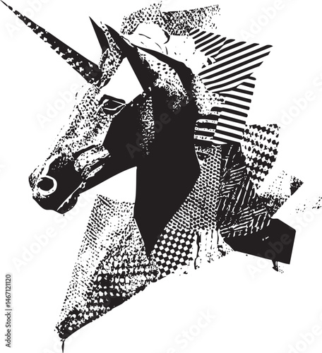 A stylized unicorn head emerges from a textured geometric .