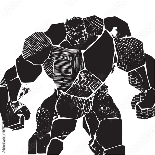 A powerful fragmented figure stands confidently in a stark black and white silhouette.
