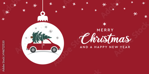 christmas greeting card with hanging ball decoration with car vector illustration