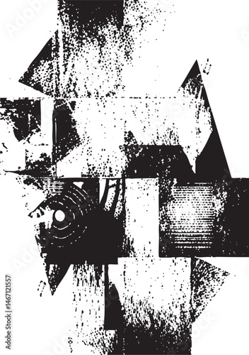Geometric shapes overlap and intersect in a textured black and white composition.
