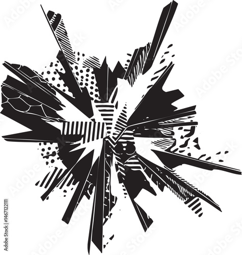 A dynamic explosion of fragmented shapes dominates the composition.