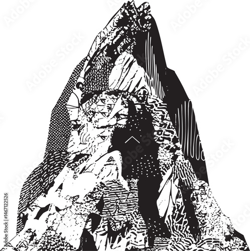 A stylized mountain range rises dramatically towards the upper right corner.