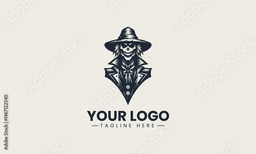 Black and white scary scarecrow with grinning face wearing a coat and large hat vector design