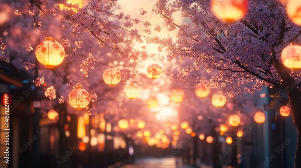 Obraz premium Cherry Blossom Festival Street Glowing with Lantern.