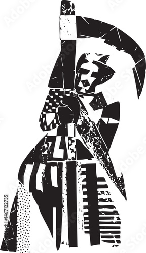A fragmented angular portrait of a figure with raised hands.