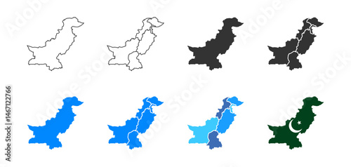 Pakistan map set icons in different styles. Vector isolated in outline, solid, region-divided, and national flag styles for infographics or presentations