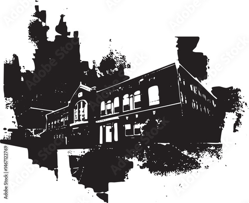 A stark black and white depicts a weathered building with multiple windows.