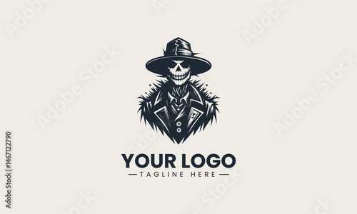 Black and white scary scarecrow with grinning face wearing a coat and large hat vector design