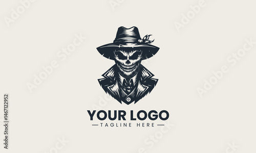 Spooky black and white vector illustration of grinning scarecrow wearing buttoned coat and wide hat
