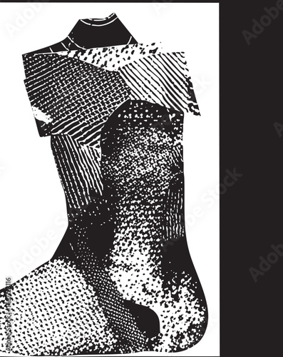 A fragmented human torso is composed of geometric and textures.