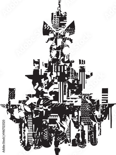 A stark fragmented silhouette of a towering structure dominates the .