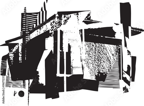 A stylized abstract house structure dominates the with angular lines and geometric shapes.