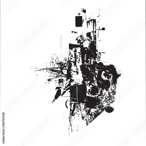 A fragmented textured black and white abstract composition.