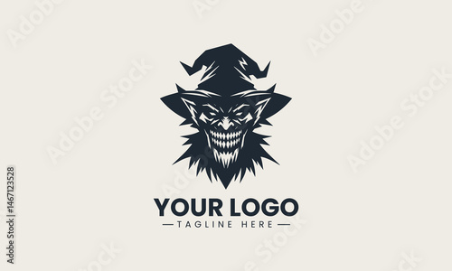 Scary silhouette vector of black goblin face grinning with pointed hat and sharp teeth