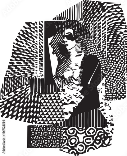 A silhouetted woman gazes intently at a geometric .